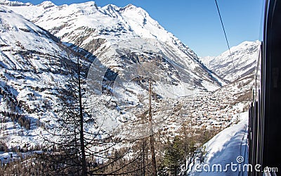 Zermatt city Mattertal view from train winter snow landscape Swiss Alps panorama Stock Photo