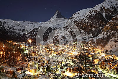 Zermatt and Matterhorn at Dusk Stock Photo