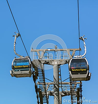 Zermatt, Switzerland - September 15, 2018: Matterhorn-Express overhead cable car in the town of Zermatt. Matterhorn-Express Editorial Stock Photo