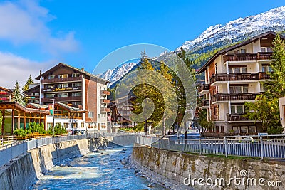 Zermatt, Switzerland street view and Matterhorn Editorial Stock Photo