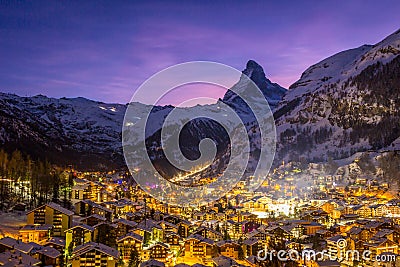 Zermatt Town and Matterhorn Mountain at Winter Night. Swiss Alps, Switzerland Stock Photo