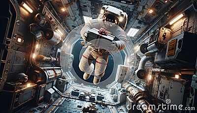 Zero Gravity Astronaut with Gift Box in Space Shuttle Stock Photo