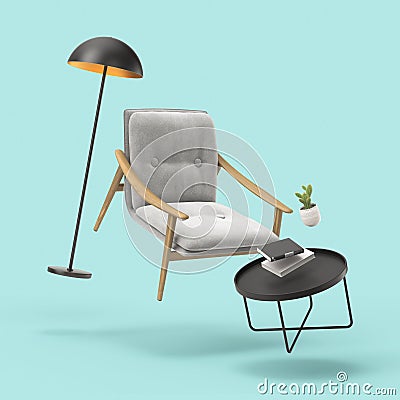 Zero gravity white interior living room 3 D Illustration Stock Photo