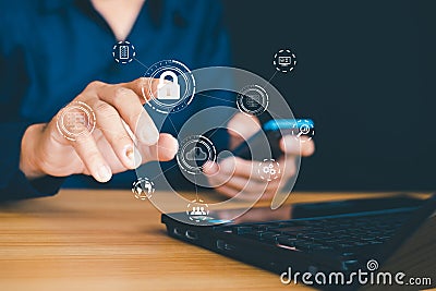 Zero trust protects the data of each network through authentication and all devices, security, remote access, personal devices and Stock Photo