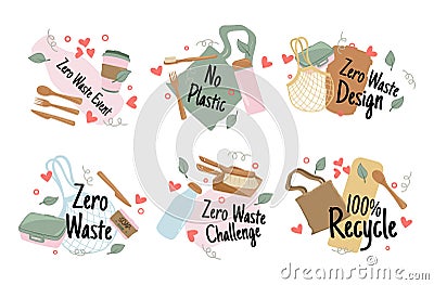 Zero waste badge design set isometric vector illustration. Ecological movement Earth protection Vector Illustration