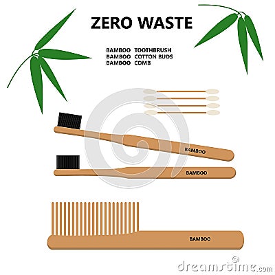 Zero Waste. Bamboo Toothbrush. Bamboo cotton buds. Bamboo combhairbrash Cartoon Illustration