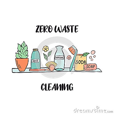 Zero Waste cleaning shelf with sustainable items Vector Illustration