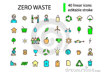 Zero waste color icons set. Recycle, reduce idea. Customizable linear contour symbol bundle. Editable stroke Vector Illustration