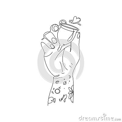 Zero waste concept. Menstrual cups in female hands with tattoos..Vector illustration of feminine hygiene product Vector Illustration