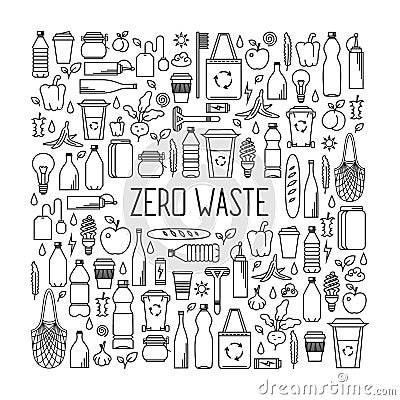 Zero waste concept. Line art collection of eco and waste elements Vector Illustration