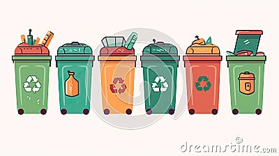 Zero waste concept, trash in recycling container, illustration of waste containers on white background. AI generated Cartoon Illustration