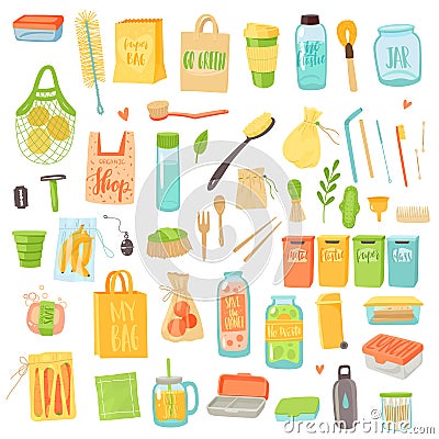 Zero waste. Eco bag, biodegradable container, garbage sorting, durable and reusable set, lifestyle no plastic Vector Illustration