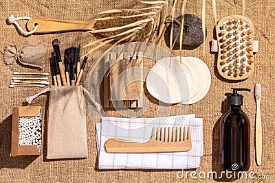 Zero waste, eco friendly bathroom accessories on burlap fabric background Stock Photo