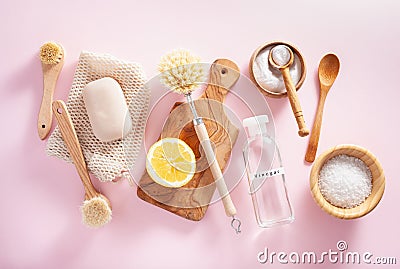 Zero waste eco friendly cleaning concept. wooden brushes, lemon, baking soda, vinegar Stock Photo