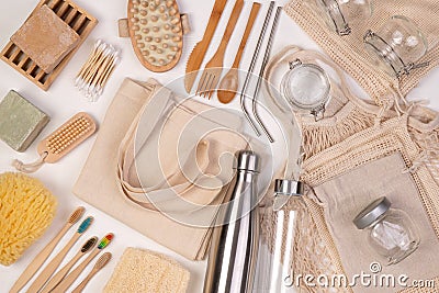 Zero waste Zero waste eco friendly reusable objects such as linen shopping bags and glass jars Stock Photo