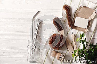 Zero waste food cleaning. eco natural coconut soap and brushes f Stock Photo