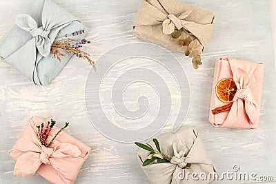 Zero waste gift wrapping traditional Japanese furoshiki style Stock Photo