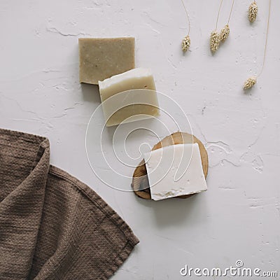 Zero waste kitchen accessories and natural laundry soap. Concept of plastic free and eco friendly products in household, top view Stock Photo