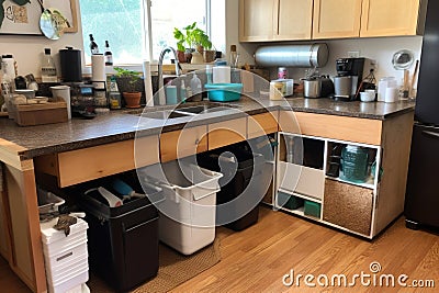 zero-waste kitchen, with compost bin and recycling containers visible Stock Photo