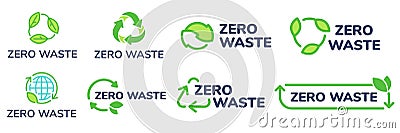 Zero waste labels. Green eco friendly label, reduce wastes and recycle icon with plant leaves vector set Vector Illustration