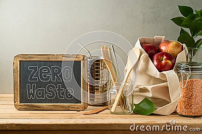 Zero waste lifestyle concept with cotton bag and glass jars on wooden table Stock Photo