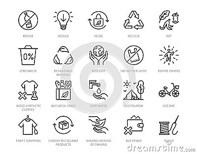 Zero waste lifestyle flat line icons set. Refuse, reduce, reuse, recycle, leaves circle, save water, planet, eco tourism Vector Illustration