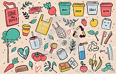 Zero waste lifestyle flat vector illustrations set Vector Illustration