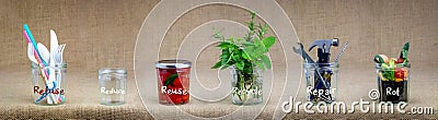 Zero Waste management, illustrated in 6 jars with text Refuse, reduce, recycle, repair, reuse, rot. Stock Photo