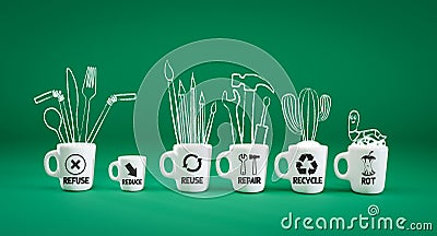 Zero Waste management, illustrated in 6 mugs with doodle illustrations. Cartoon Illustration