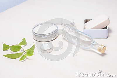 Zero waste options for your bathroom. Reusable, repurposed tin cosmetics containers. Stock Photo