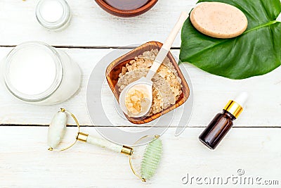 Zero waste. Organic beauty products on wooden background Stock Photo