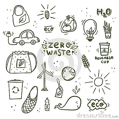 Zero waste and recycling doodles hand drawn cotton bread bags, homemade jam, tea strainer, saving paper, reusable tea Vector Illustration