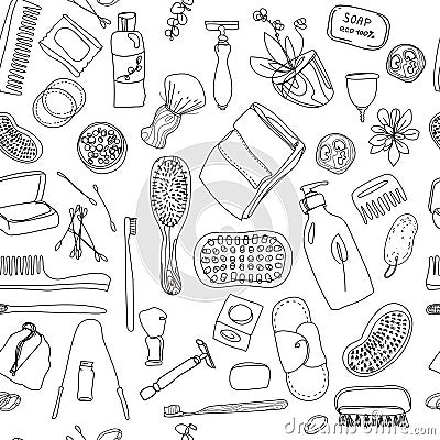 Zero waste seamless vector pattern. Hand-drawn collection personal hygiene items of woman and man Vector Illustration