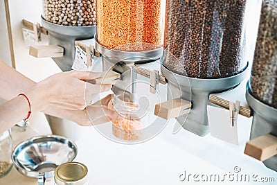 Zero waste shop. Shopping in sustainable plastic free grocery store Stock Photo