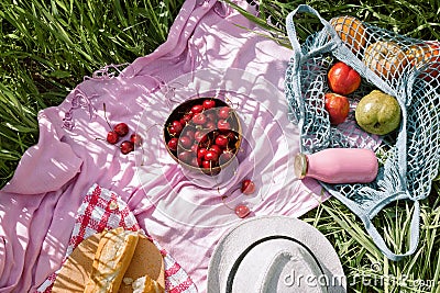 Zero waste summer picnic on the with cherries in the wooden coconut bowl, fresh bread and glass bottle of juice or smoothie Stock Photo
