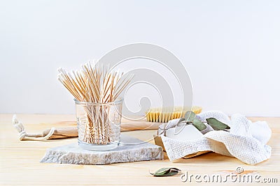 Zero waste supplies for personal hygiene: bamboo q-tips, eco soap, wooden cactus brush. Plastic free concept Stock Photo