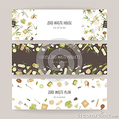 Set of Zero Waste Vector Concept illustration in Minimalism Style, with Reusable and Recycle Zero Waste products - Vector Illustration