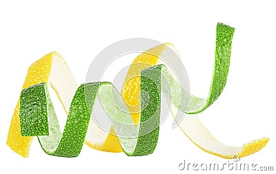 Zest of fresh lemon and lime isolated on white background. Citrus twist, front view Stock Photo