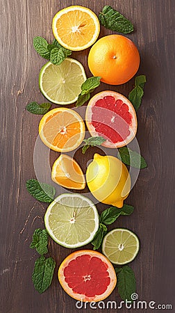 Zesty display Oranges, lemons, limes, grapefruit, and mint on wood Stock Photo