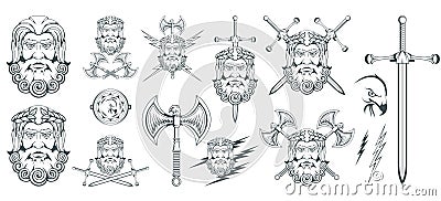 Zeus - the ancient Greek god of heaven, thunder and lightning. Greek mythology. Two-sided ax labrys and eagle. Olympian gods Vector Illustration