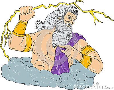 Zeus Wielding Thunderbolt Lightning Drawing Vector Illustration