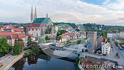 Aerial view on Lusatian Neisse river, on the Polish-German border adjoining the German town of Gorlitz and Polish Zgorzelec Editorial Stock Photo