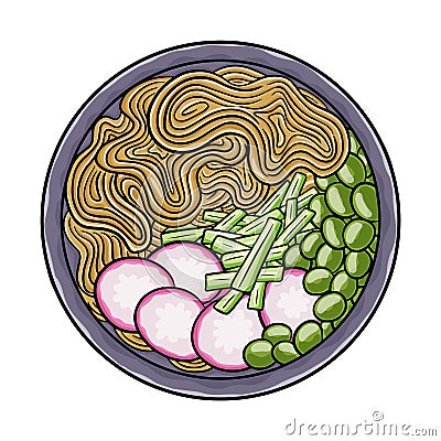 Zha jiang mian. Noodles with a rich, meaty sauce, topped with fermneted soy bean paste and fresh cucumber. Chinese food. Vector Vector Illustration