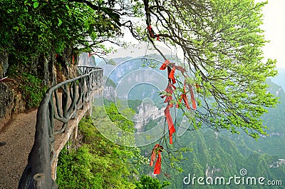 Zhangjiajie, China - May 10, 2017: Detail of red ribbons in Wish Forest Zhangjiajie National Park, China. Stock Photo