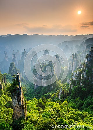 Zhangjiajie National forest park at sunset, Wulingyuan, Hunan, Stock Photo