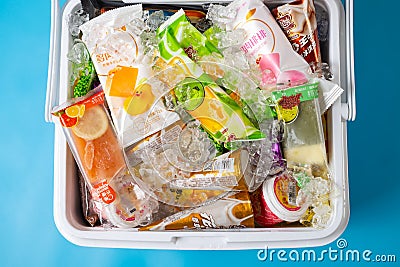 July 17 2021:top view iced insulation case with lots of different ice cream and popsicles Editorial Stock Photo