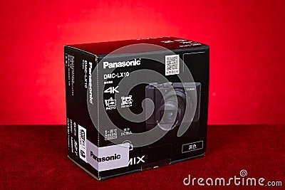 box of a brand new Panasonic Lumix DMC-LX10 camera Editorial Stock Photo