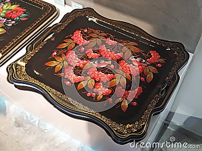 Zhostovo painted tray in Zhostovo factory shop, Moscow Region Editorial Stock Photo