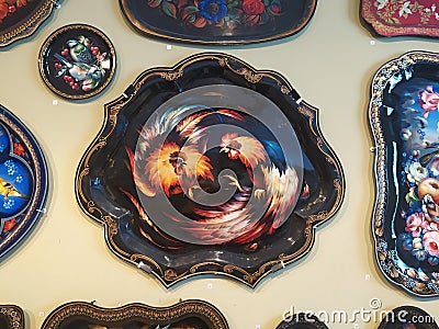 Zhostovo painted tray in Zhostovo factory shop, Moscow Region Editorial Stock Photo