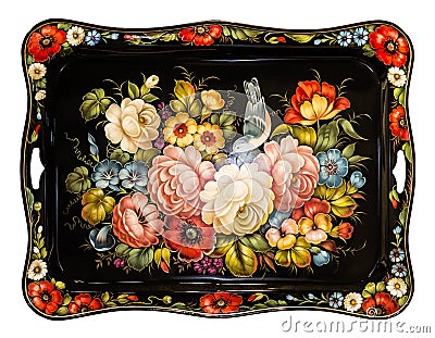 Zhostovo painting, old russian folk handicraft of painting on metal trays. Traditional bright colorful floral pattern on black bac Editorial Stock Photo